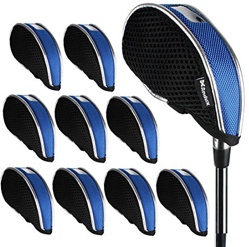 Andux Mesh Golf Iron Club Head Covers with Clear Window 10pack (Black/blue)