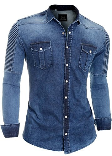 D&R Fashion Men's Denim Shirt Snap Buttons Ribbed Arms Stretchy Blue Size XL