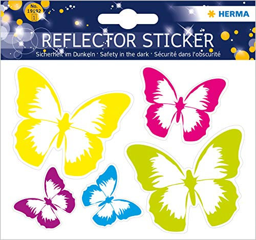 HERMA 19192 Reflektor Aufkleber Schmetterlinge, 5 Stück, selbstklebende Kinder Reflektor Sticker für Fahrrad Helm Schulranzen Rollator Auto Koffer Kinderzimmer, Motiv Leuchtaufkleber Leuchtsticker Set