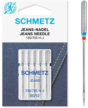 SCHMETZ | 5 Nähmaschinennadeln | Jeans | 130/705 H-J | Nadeldicke 110/18 | Geeignet für das Vernähen von Jeans und ähnlichen Stoffen | auf jeder gängigen Haushaltsnähmaschine einsetzbar
