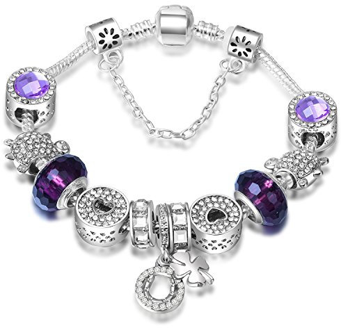 ATE Charm Armband mit Sicherheitskette Beads Armkette Damen Geschenk (Lila)