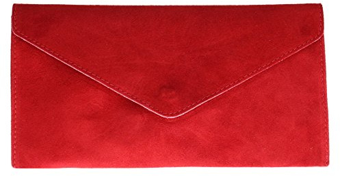 Girly Handbags Womens Italian Suede Leather Envelope Clutch Bag Red