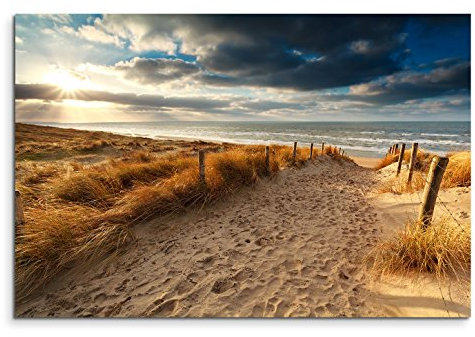 120x80cm Leinwandbild auf Keilrahmen Holland Nordsee Meer Strand Sonnenuntergang Wandbild auf Leinwand als Panorama