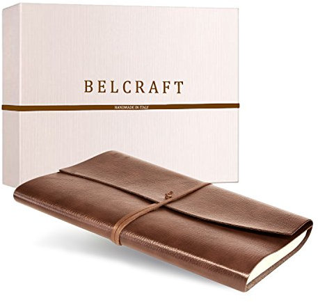 BELCRAFT Tivoli A4 großes Notizbuch aus recyceltem Leder, Handgearbeitet in klassischem Italienischem Stil, Geschenkschachtel inklusive, Gästebuch, Tagebuch A4 (21x30 cm) Hellbraun