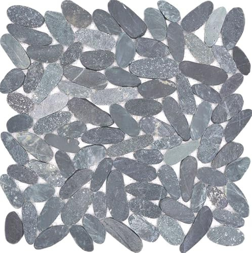 Mosaik Kiesel geschnitten grau schwarz Flusskiesel Steinteppisch Kieselmosaik Duschwand Duschtasse Duschboden Mattengröße 305x305 mm, Steingröße: 30-70x8-10 Matten