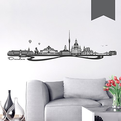 WANDKINGS Wandtattoo Skyline Dresden (mit Sehenswürdigkeiten und Wahrzeichen der Stadt) 100 x 28 cm dunkelgrau - erhältlich in 33 Farben