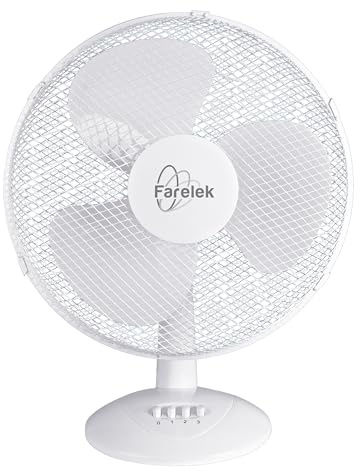 Farelek MIAMI ventilateur de table 50W Ø40cm, corps et pales en plastique blanc, 3 vitesses, tête inclinable et oscillante 180°
