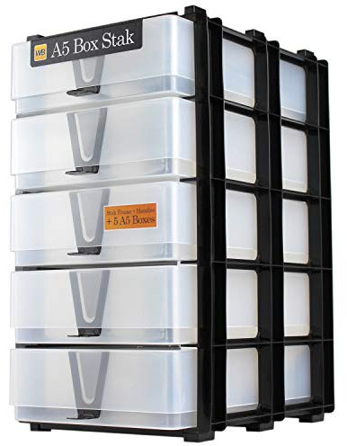 WestonBoxes A5 Box Stak Craft Storage Unit Including 5 Plastic A5 Boxes with handles (Clear)