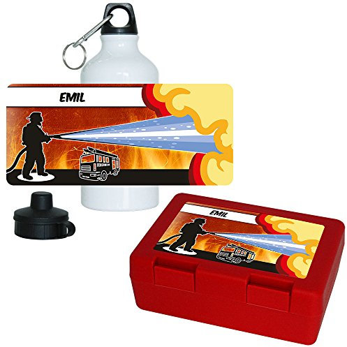 Eurofoto Brotdose + Trinkflasche Set mit Namen Emil und Feuerwehr-Motiv für Jungs | Aluminium-Trinkflasche | Lunchbox | Vesper-Box