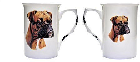 (BB11) Hand Decorated Set of 2 Bone China BEAKERS/Mugs Boxer RED Dog Presentation Gift Boxed- Lovely Gift Kirsty Jayne China