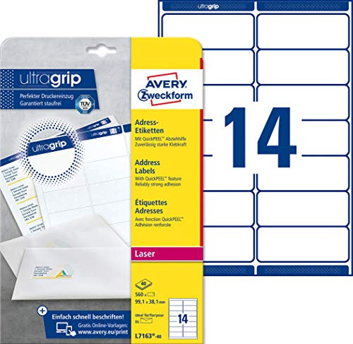 AVERY Zweckform L7163-40 Adressetiketten/Adressaufkleber (560 Etiketten mit ultragrip, 99,1x38,1mm auf A4, bedruckbar, selbstklebend, für DIN lang Briefkuverts, Papier matt) 40 Blatt, weiß