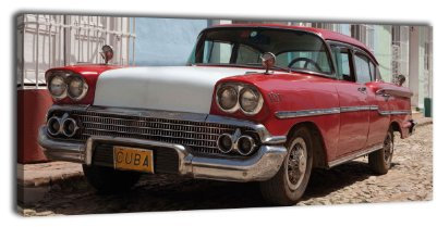 wandmotiv24 Leinwandbild Panorama Nr. 425 Alter Sportwagen 100x40cm, Bild auf Leinwand, Kuba, Oldtimer, Amerika
