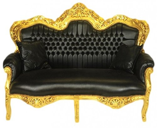 Casa Padrino Barock 2er Sofa Master Schwarz Lederoptik/Gold - Wohnzimmer Couch Möbel Lounge
