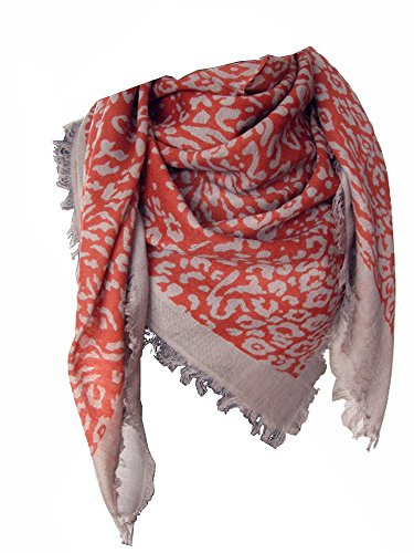 Nella-Mode Traumhaft feines weiches Wolltuch Schultertuch kurze Fransen in Maxi-Grösse ca. 115x115 cm Leo-Design, Terracotta & Grau, Tuch 100% Wolle