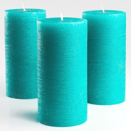 Melt Candle Company Lot de 3 Turchese/Verde Acqua 7,5 x 15 cm bougies piliers Non parfuméespour mariages, Restaurants, décoration de Maison, Spa, église, mèche en Coton Qui ne Fume PAS