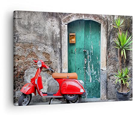 Bilder auf Leinwand Scooter transport italien retro Leinwandbild 70x50cm Wandbilder Dekoration Wohnzimmer Schlafzimmer Küche Deko Klein Wanddeko Bild Wand Kunstdruck Art Wall Decor Canvas AA70x50-2571