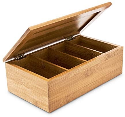 Relaxdays Teebox HBT: 9 x 28,5 x 16 cm Teekiste aus Bambus mit aufklappbarem Deckel Teedose mit 4 Fächern für circa 80 Teebeutel als Teebeutelbox und Schmuckkästchen aus Holz kein Aromaverlust, natur