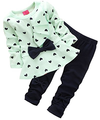 CHIC-Fille Enfant Ensemble en 2 PCS T-Shirt Longues Manches + Pantalons Blouse Tee Blouse Motif Cœur Noeud Papillon
