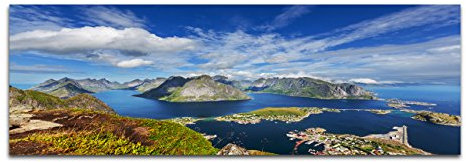 Paul Sinus Art Panoramabild auf Leinwand und Keilrahmen 120x40cm Norwegen Lofoten Berge Wasser Wolkenschleier
