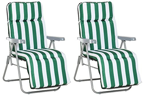 Outsunny Sedia Sdraio da Spiaggia da 2 Pezzi Pieghevole e Reclinabile, Lettini Prendisole da Giardino con Cuscino Imbottito, Verde e Bianco