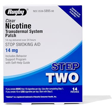 Rugby Clear Nicotine Patches - 14mg Transdermal System Patch - Smoking or Vaping Quitting Aid - Step 2 - 14 Count (1-Pack)