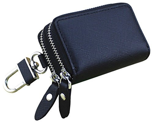 Esdrem-Unisex-Echtleder-Schlüssel-Hülle/Halter - mit Doppelreißverschluss - Auto-Schlüsselanhänger-Schlüsseletui Schwarz