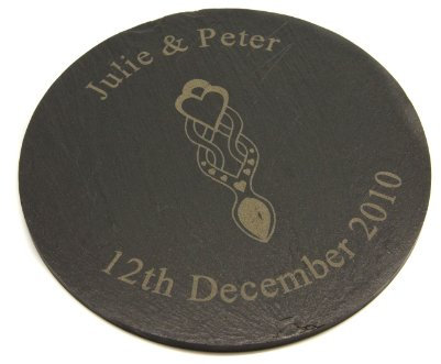 Personalised Welsh Love Spoon Design Slate Coaster, Engraved with Names & Date, Wedding Gift- Enter Your Own Custom Text