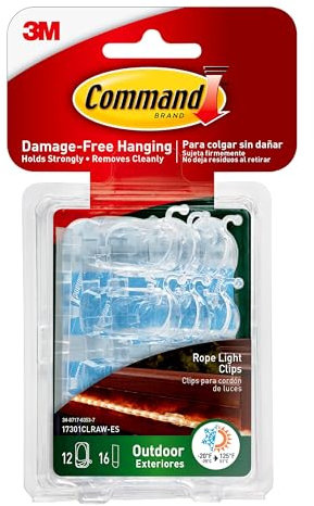 Command Outdoor Rope Light Clips - Damage Free Hanging Clips with Adhesive Strips, Wall Clips for Hanging Lights and Cables - 12 Clear Clips and 16 Strips