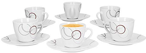 Van Well 6er Set Kaffeetasse 20cl und Kaffeeuntertasse 14,5cm Palazzo - aus weißem Porzellan mit Dekor-Kreisen in grau und dunkelrot
