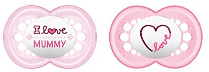 MAM Original Silikon Schnuller im 2er-Set, zahnfreundlicher Schnuller, Baby Schnuller aus speziellem MAM SkinSoft Silikon mit Schnullerbox, 6+ Monate, rosa, pink-mummy/love, 6-16 monate