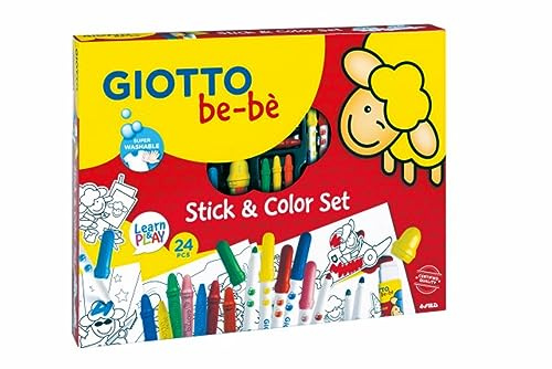 Giotto be-bè 1st Stick & Colour Set Colouring Set | Colouring Felt Tips/Wax Crayons/Template Cards, Assorted Colours, Super Washable, For School & Home