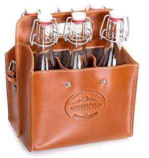 Alpenleder Flaschenträger - ALPENSECHSER (Handgefertigt) - Nachhaltiges Bio-Leder aus regionaler Landwirtschaft | Flaschentasche, Flaschenträger 6 Flaschen *Fair Produziert* (20x15x25cm, Terra)