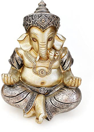 TEMPELWELT® Deko Figur Ganesha 21 cm, Polystein Champagner Gold antik-Silber, Elefantengott Statue sitzend, Hindu Gott Ganesh Elefant, Buddha Indien Asien
