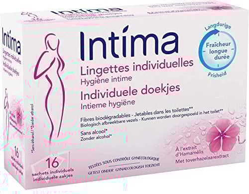 Intima Lingettes Individuelles Hygiène Intime, Fraîcheur Immédiate, Douceur et Protection - La Boîte de 16 Sachets