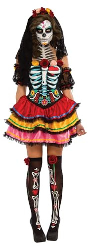 Rubie's Official Ladies Day of The Dead Senorita Skeleton Halloween, Adult Costume, Black, Red, Yellow, Small UK 6 -10