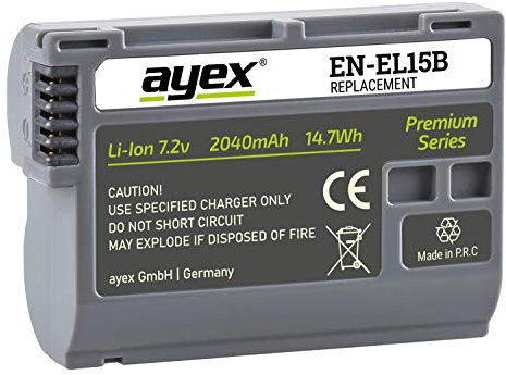 ayex EN-EL15B Batterie Compatible avec Nikon Z8 Z6 Z7II Z5 D7500 D7000 D850 D800E D750 D610 D500 V1 Batterie puissante et de qualité supérieure pour Une Longue durée de Vie 2040 mAh