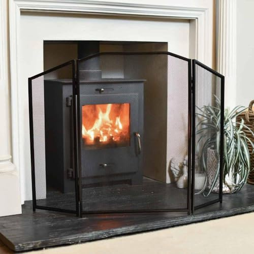 “Minster” Three Fold Contemporary Satin Black Fireguard Fire Screen – Classic Style Mesh Guard for Log Burners & Open Fires – Spark & Debris Protection