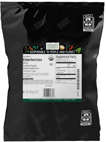 Frontier Co-op Organic Dried Elderberries, European Whole - Non-GMO Elderberry Berries Dried - For Tea, Immune Support - Kosher | 16 Ounce (Pack of 1)