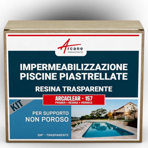 ARCANE INDUSTRIES Kit di Tenuta per Piscine Piastrellate: Primer, Resina Poliuretanica Impermeabilizzante-5 m², supporte non porosa Trasparente