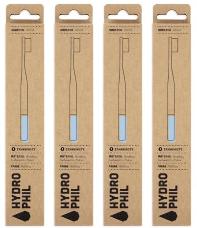 HYDROPHIL - Premium - Bambuszahnbürste Erwachsene - Nachwachsende Holzzahnbürste - 4er Pack (Hellblau, 4 Stück)