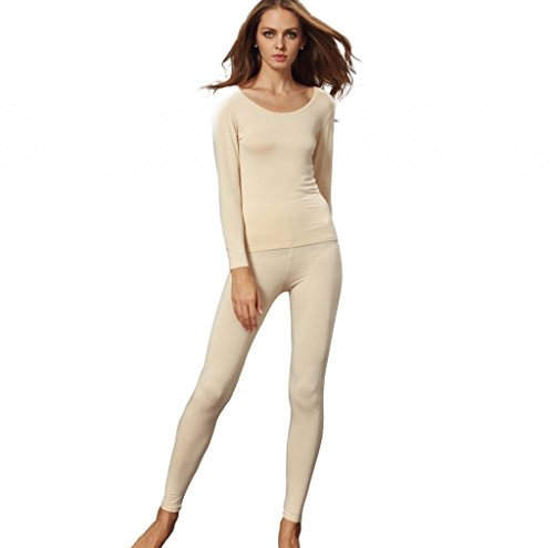 Liang Rou Women's Scoop Neck Stretch Top & Bottom Thin Thermal Underwear Set 1 Set Apricot One Size