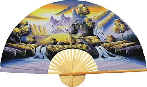 Chinese Cranes Giant Folding Wall Fan Hand-painted Decorative Wall Decor Art, Handmade Original Acrylic Landscape Painting on a Natural Bamboo Frame for Living Room or Bedroom Decoration, Rustic, Boho
