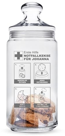 Casa Vivente Keksglas mit Gravur und Deckel, Notfallkekse, Personalisiert mit Namen, Keksdose, Vorratsglas, Aufbewahrungsglas, Geschenkidee zum Geburtstag, Geschenke für Frauen und Männer