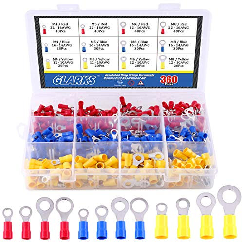 Glarks 360pcs 22-16/16-14/12-10 Gauge Misto Disconnetto Rapido Elettrico Isolato M4 / 5/6 / 8 Ring Crimp Terminali Connettori Assortimento Kit