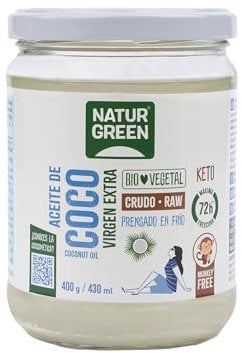 NATURGREEN Aceite de Coco Bio, Virgen Extra, Ideal para Cocinar, Hidrata Piel y Cabello, Ingredientes Naturales, Apto para Veganos, 430 ml/ 400 Gramos (1 Unidad)