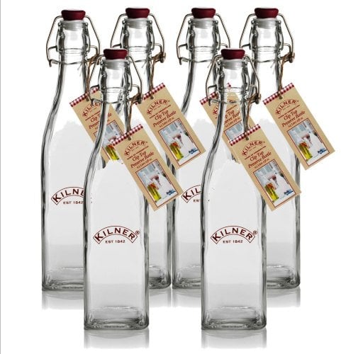 Kilner Traditional Vintage Style Square Airtight Clip Top Preserve Glass Bottles, 0.55 Litre - 6 Piece Set