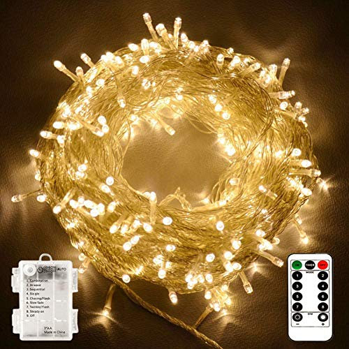 echosari String Lights Battery Powered, 10M 100 LED Warm White Outdoor Fairy String Lights with Remote Dimmable Timer 8 Modes for Wedding Party Garden Decoration