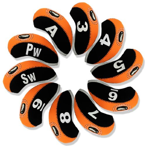 Andux Number Print Golf Iron Club Head Covers with Transparent Window 10pcs/Set Black/Orange