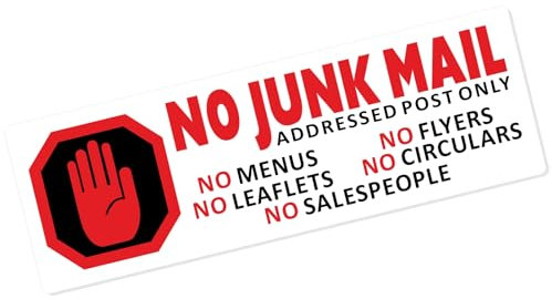 No Junk Mail HAND DESIGN Leaflets Menus Flyers Circulars Salespeople Letterbox Warning House Post Box Sticker Salesman Self Adhesive Vinyl Door Notice Sign 150mm x 50mm JM3