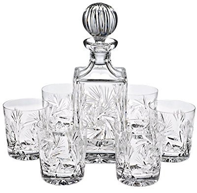 6 Whiskeygläser + Dekanter Dekaner Dekanflasche Dekaner Dekankaraffe Schleuderstern 7 Teiliges Whiskeyset Brilliantes Kristallglas im Stoffausgeschlagenem Geschenkkarton